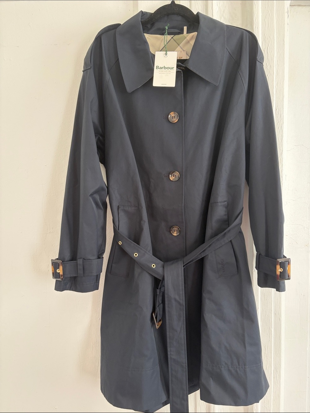 Barbour Navy Belted Trench Coat with Button Front